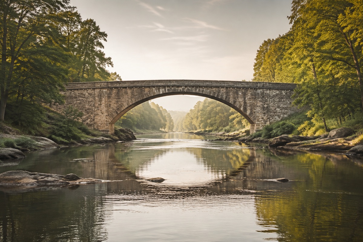 A stone arch bridge connecting wooded riverbanks